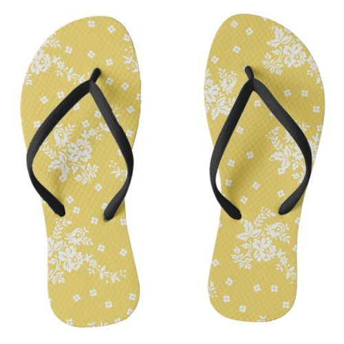 Summer White Lace Pattern Yellow Flip Flops