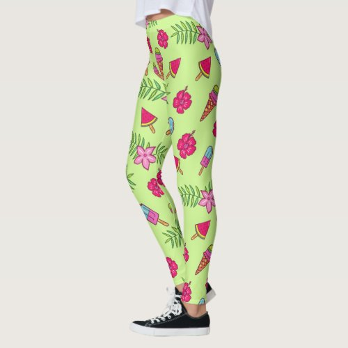 Summer Ice Creams and Flowers Celery Green Leggings