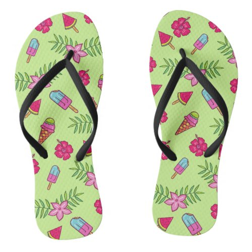 Summer Ice Creams and Flowers Celery Green Flip Flops