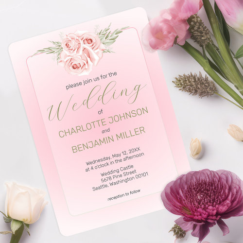 Elegant White Soft Pink Roses Wedding Invitation