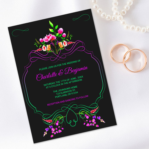 Neon Floral Bouquet Wedding Invitation