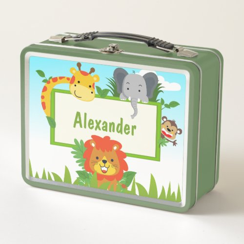 Cute Jungle Animals Kids School Metal Lunch Box