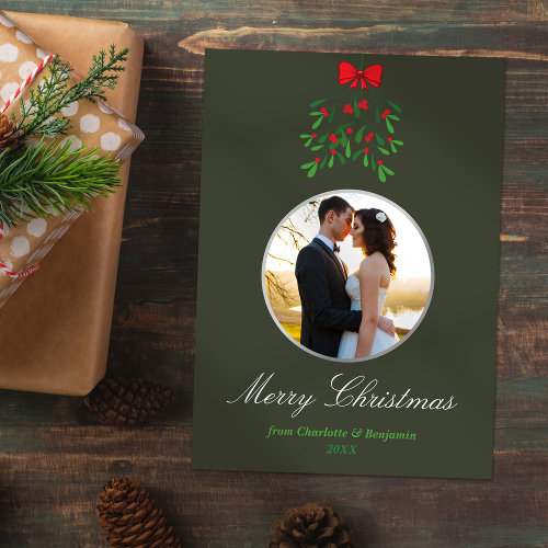 Minimalist Merry Christmas Mistletoe Green Photo Holiday Card