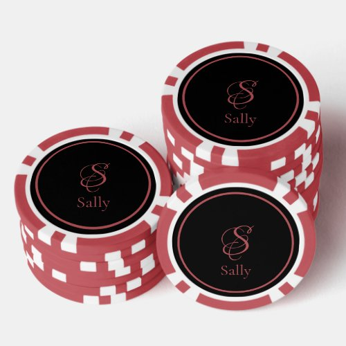 Minimalist Dark Rose Monogram Name Black Poker Chips