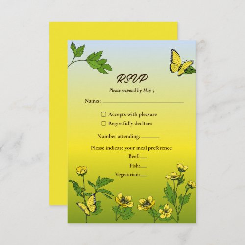 Yellow Buttercup Butterflies Wedding Meal Choice RSVP Card