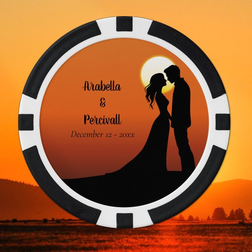 Modern Romantic Sunrise Couple Silhouette Wedding Poker Chips